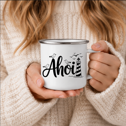 Ahoi | Maritime Tasse mit Leuchtturm & Möwen | Nordsee Ostsee Geschenk | Camping Becher 350 ml Emaille Tasse