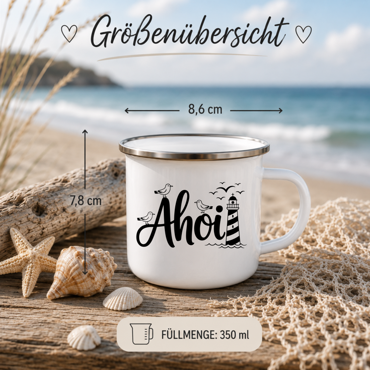 Ahoi | Maritime Tasse mit Leuchtturm & Möwen | Nordsee Ostsee Geschenk | Camping Becher 350 ml Emaille Tasse