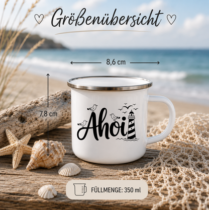 Ahoi | Maritime Tasse mit Leuchtturm & Möwen | Nordsee Ostsee Geschenk | Camping Becher 350 ml Emaille Tasse