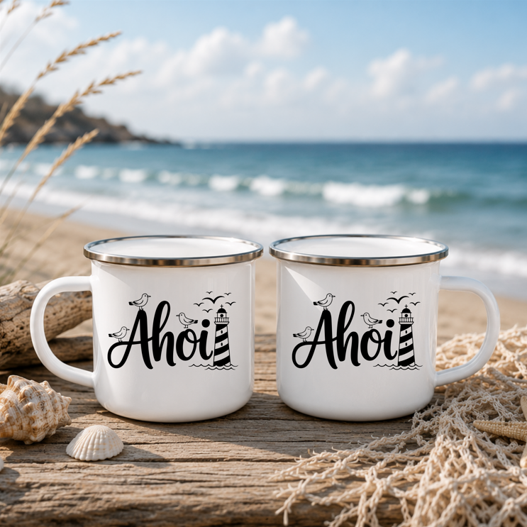 Ahoi | Maritime Tasse mit Leuchtturm & Möwen | Nordsee Ostsee Geschenk | Camping Becher 350 ml Emaille Tasse