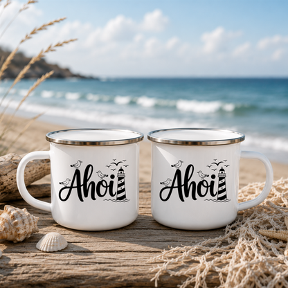Ahoi | Maritime Tasse mit Leuchtturm & Möwen | Nordsee Ostsee Geschenk | Camping Becher 350 ml Emaille Tasse