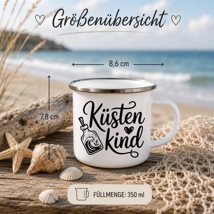 Küstenkind | Maritime Tasse mit Flaschenpost | Nordsee Ostsee Geschenk | Meerliebhaber | Camping Becher 350 ml Emaille Tasse