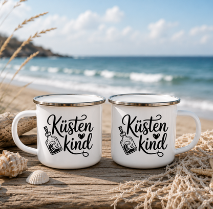 Küstenkind | Maritime Tasse mit Flaschenpost | Nordsee Ostsee Geschenk | Meerliebhaber | Camping Becher 350 ml Emaille Tasse