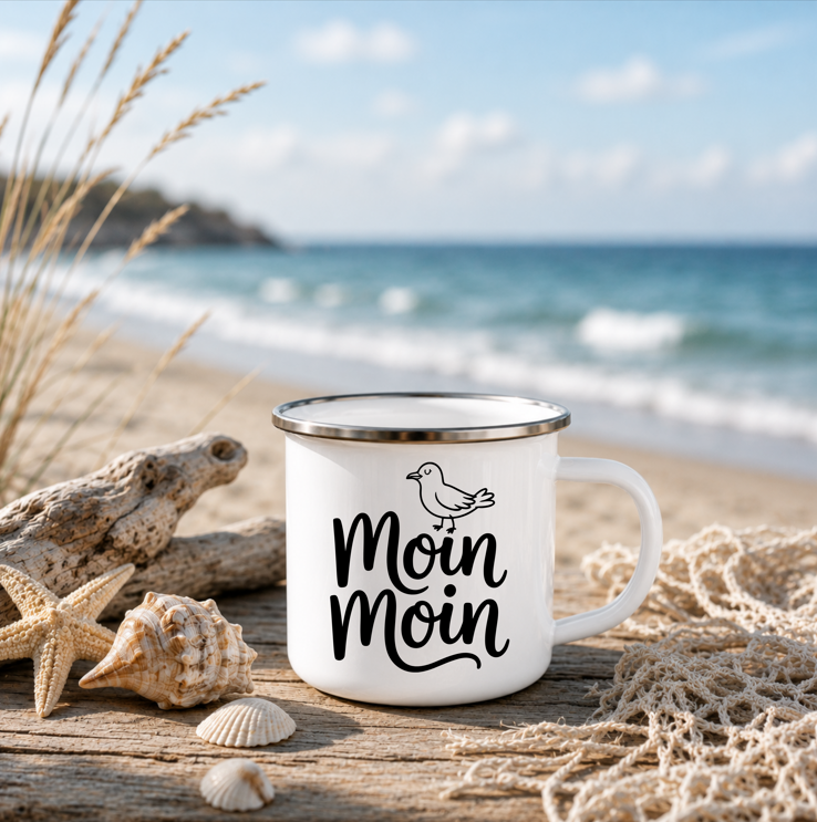 Moin Moin | Maritime Tasse mit Möwe | Nordsee Ostsee Geschenk | Küstenkind | Camping Becher 350 ml Emaille Tasse