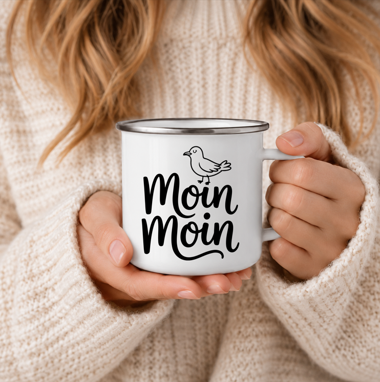 Moin Moin | Maritime Tasse mit Möwe | Nordsee Ostsee Geschenk | Küstenkind | Camping Becher 350 ml Emaille Tasse