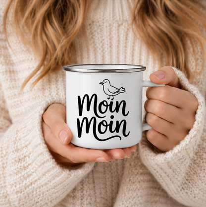 Moin Moin | Maritime Tasse mit Möwe | Nordsee Ostsee Geschenk | Küstenkind | Camping Becher 350 ml Emaille Tasse