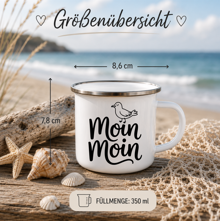 Moin Moin | Maritime Tasse mit Möwe | Nordsee Ostsee Geschenk | Küstenkind | Camping Becher 350 ml Emaille Tasse