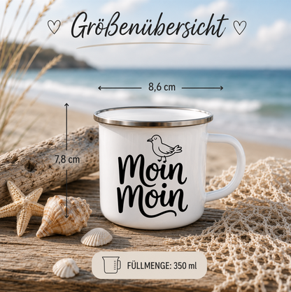 Moin Moin | Maritime Tasse mit Möwe | Nordsee Ostsee Geschenk | Küstenkind | Camping Becher 350 ml Emaille Tasse