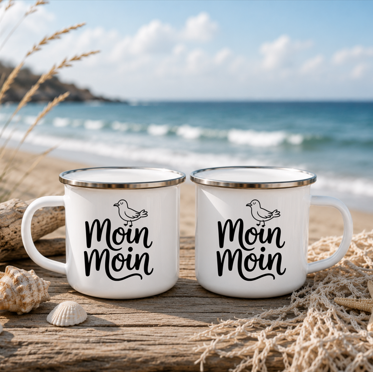 Moin Moin | Maritime Tasse mit Möwe | Nordsee Ostsee Geschenk | Küstenkind | Camping Becher 350 ml Emaille Tasse