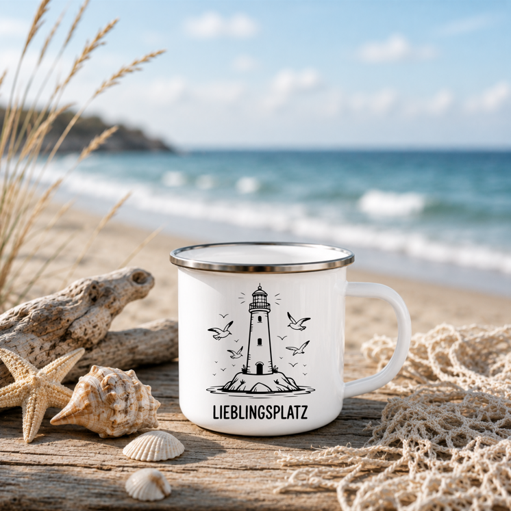 Lieblingsplatz Leuchtturm | Maritime Tasse Nordsee Ostsee | Küsten Geschenk | Camping Becher 350 ml Emaille Tasse