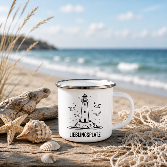 Lieblingsplatz Leuchtturm | Maritime Tasse Nordsee Ostsee | Küsten Geschenk | Camping Becher 350 ml Emaille Tasse