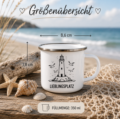 Lieblingsplatz Leuchtturm | Maritime Tasse Nordsee Ostsee | Küsten Geschenk | Camping Becher 350 ml Emaille Tasse