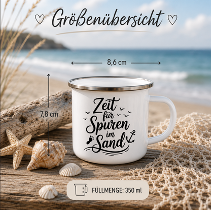 Zeit für Spuren im Sand | Maritime Tasse Strand Meer | Nordsee Ostsee Geschenk | Camping Becher 350 ml Emaille Tasse