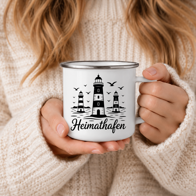Heimathafen | Leuchtturm Tasse Maritime Geschenkidee | Nordsee Ostsee Becher | Camping Emaille Tasse 350 ml Emaille Tasse