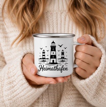Heimathafen | Leuchtturm Tasse Maritime Geschenkidee | Nordsee Ostsee Becher | Camping Emaille Tasse 350 ml Emaille Tasse