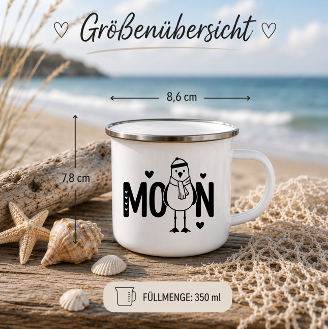 Moin Möwe | Maritime Tasse Nordsee Ostsee | Küstenkind Geschenk | Camping Emaille Becher 350 ml Emaille Tasse