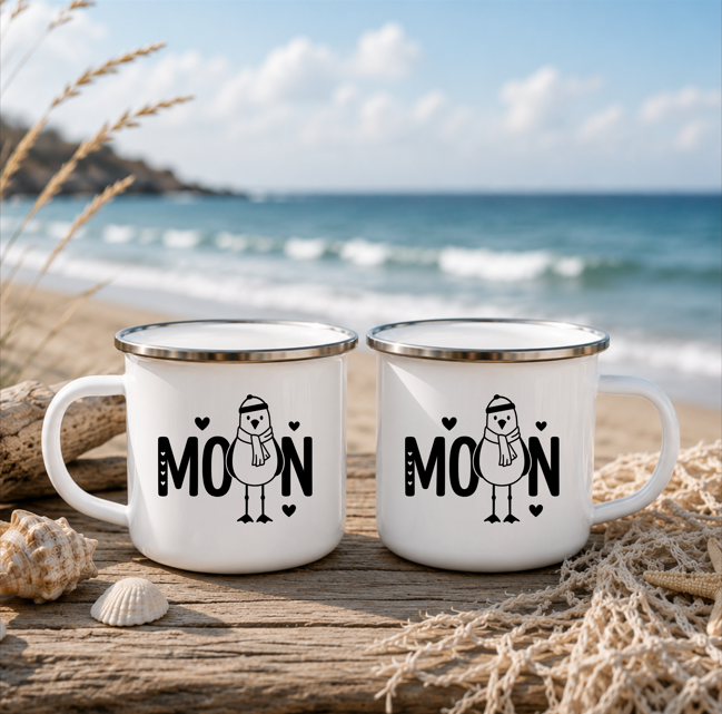 Moin Möwe | Maritime Tasse Nordsee Ostsee | Küstenkind Geschenk | Camping Emaille Becher 350 ml Emaille Tasse
