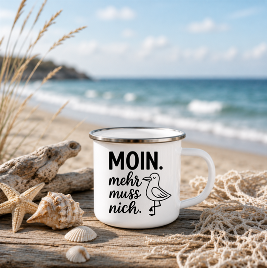 Moin mehr muss nich | Maritime Tasse Nordsee Ostsee | Lustige Küstenkind Tasse | Camping Becher 350 ml Emaille Tasse