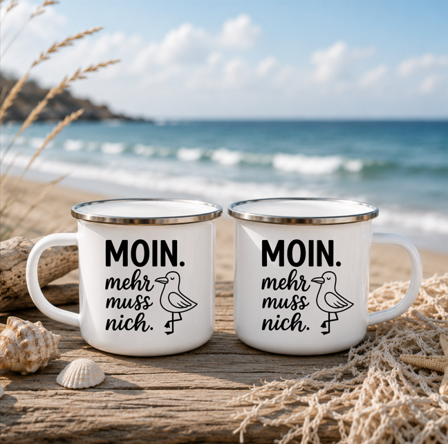 Moin mehr muss nich | Maritime Tasse Nordsee Ostsee | Lustige Küstenkind Tasse | Camping Becher 350 ml Emaille Tasse