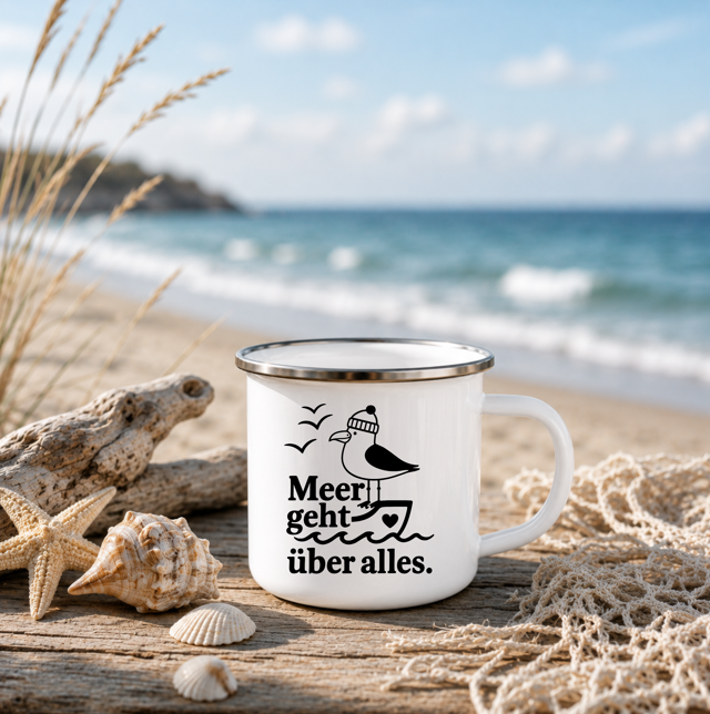 Meer geht über alles | Maritime Tasse Möwe | Nordsee Ostsee Geschenk | Camping Emaille Becher 350 ml Emaille T&asse