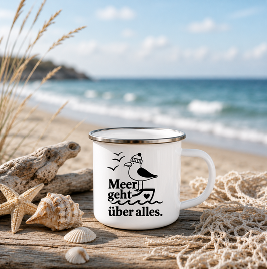 Meer geht über alles | Maritime Tasse Möwe | Nordsee Ostsee Geschenk | Camping Emaille Becher 350 ml Emaille T&asse