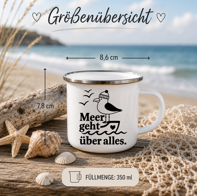 Meer geht über alles | Maritime Tasse Möwe | Nordsee Ostsee Geschenk | Camping Emaille Becher 350 ml Emaille T&asse