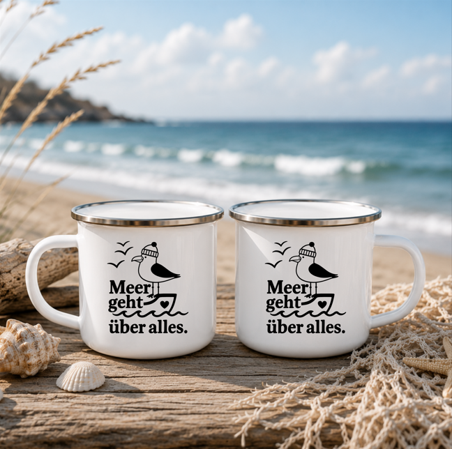 Meer geht über alles | Maritime Tasse Möwe | Nordsee Ostsee Geschenk | Camping Emaille Becher 350 ml Emaille T&asse