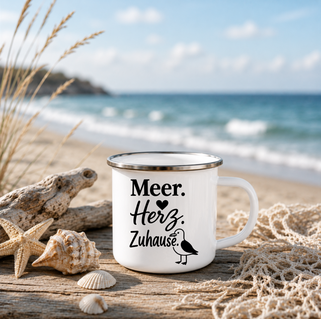 Meer Herz Zuhause | Maritime Tasse Nordsee Ostsee | Küstenkind Geschenk | Camping Emaille Becher 350 ml Emaille Tasse