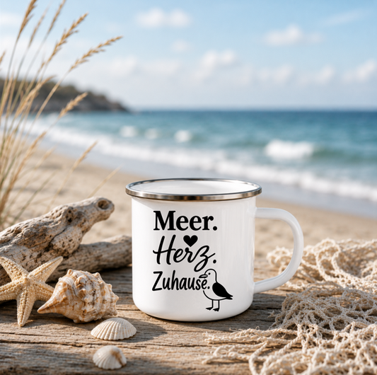 Meer Herz Zuhause | Maritime Tasse Nordsee Ostsee | Küstenkind Geschenk | Camping Emaille Becher 350 ml Emaille Tasse