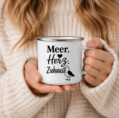 Meer Herz Zuhause | Maritime Tasse Nordsee Ostsee | Küstenkind Geschenk | Camping Emaille Becher 350 ml Emaille Tasse