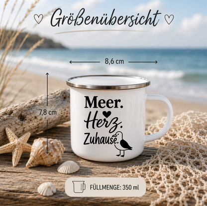 Meer Herz Zuhause | Maritime Tasse Nordsee Ostsee | Küstenkind Geschenk | Camping Emaille Becher 350 ml Emaille Tasse
