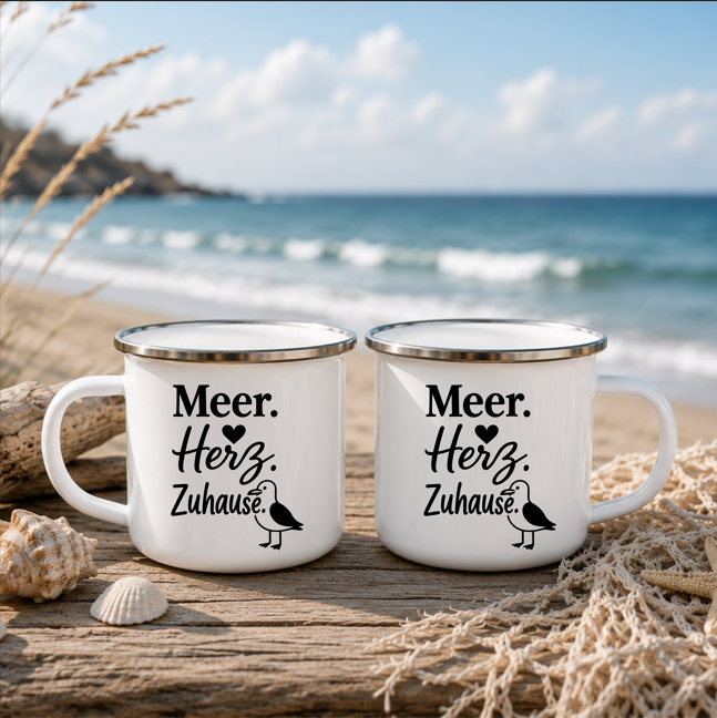 Meer Herz Zuhause | Maritime Tasse Nordsee Ostsee | Küstenkind Geschenk | Camping Emaille Becher 350 ml Emaille Tasse