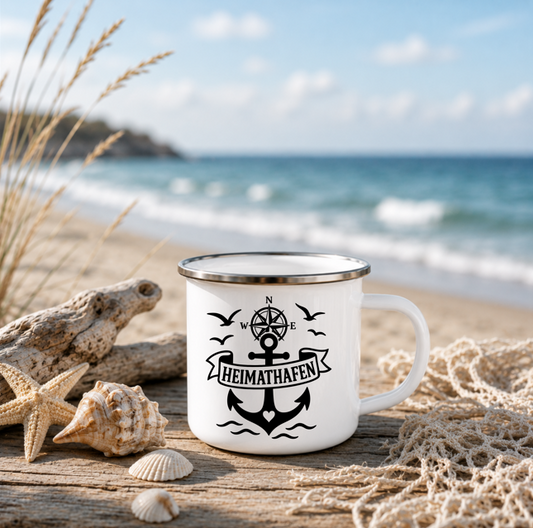 Heimathafen Anker | Anker Kompass Leuchtturm | Maritime Tasse Nordsee Ostsee | Camping Emaille Becher 350 ml Emaille Tasse