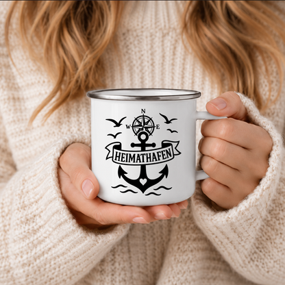 Heimathafen Anker | Anker Kompass Leuchtturm | Maritime Tasse Nordsee Ostsee | Camping Emaille Becher 350 ml Emaille Tasse