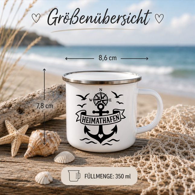 Heimathafen Anker | Anker Kompass Leuchtturm | Maritime Tasse Nordsee Ostsee | Camping Emaille Becher 350 ml Emaille Tasse