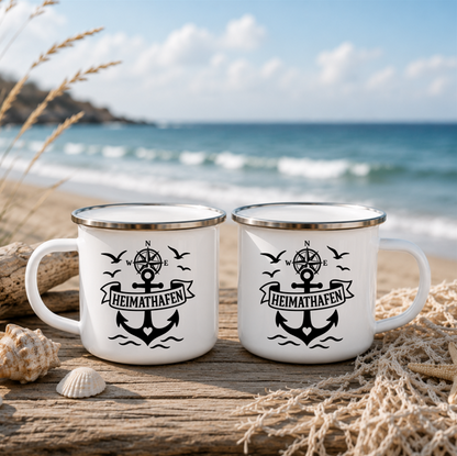 Heimathafen Anker | Anker Kompass Leuchtturm | Maritime Tasse Nordsee Ostsee | Camping Emaille Becher 350 ml Emaille Tasse