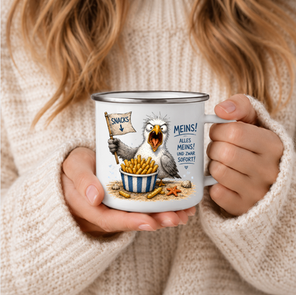 Snacks meins | Maritime Tasse Nordsee Ostsee | Camping Emaille Becher 350 ml Emaille Tasse