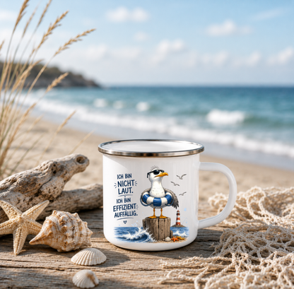 Ich bin nicht laut ich bin effizient auffällig |Emaille Tasse Lustige Möwe | Maritime Tasse Nordsee Ostsee | Camping Emaille Becher 350 ml Emaille Tasse