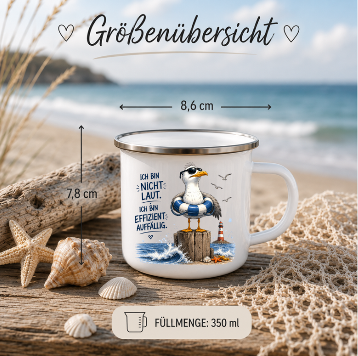 Ich bin nicht laut ich bin effizient auffällig |Emaille Tasse Lustige Möwe | Maritime Tasse Nordsee Ostsee | Camping Emaille Becher 350 ml Emaille Tasse