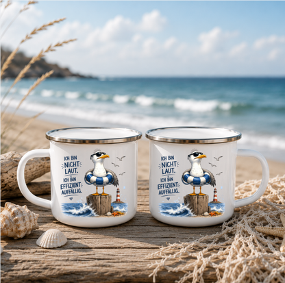 Ich bin nicht laut ich bin effizient auffällig |Emaille Tasse Lustige Möwe | Maritime Tasse Nordsee Ostsee | Camping Emaille Becher 350 ml Emaille Tasse