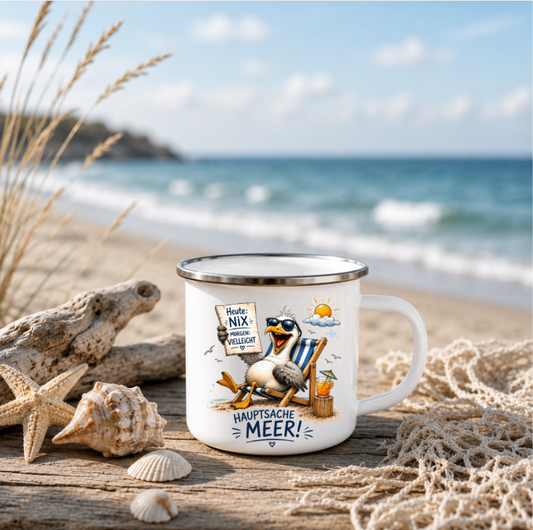 Hauptsache Meer |Emaille Tasse Lustige Möwe | Maritime Tasse Nordsee Ostsee | Camping Emaille Becher 350 ml Emaille Tasse