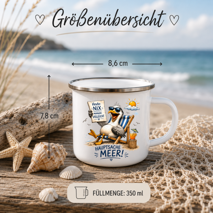 Hauptsache Meer |Emaille Tasse Lustige Möwe | Maritime Tasse Nordsee Ostsee | Camping Emaille Becher 350 ml Emaille Tasse
