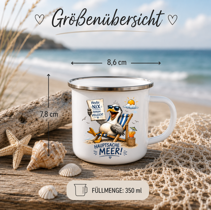 Hauptsache Meer |Emaille Tasse Lustige Möwe | Maritime Tasse Nordsee Ostsee | Camping Emaille Becher 350 ml Emaille Tasse