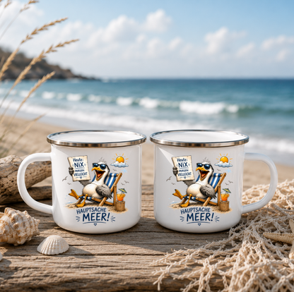 Hauptsache Meer |Emaille Tasse Lustige Möwe | Maritime Tasse Nordsee Ostsee | Camping Emaille Becher 350 ml Emaille Tasse