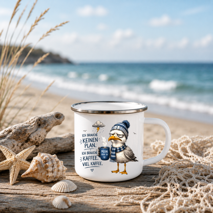 Ich brauche keinen Plan ich brauche Kaffee |Emaille Tasse Lustige Möwe | Maritime Tasse Nordsee Ostsee | Camping Emaille Becher 350 ml Emaille Tasse