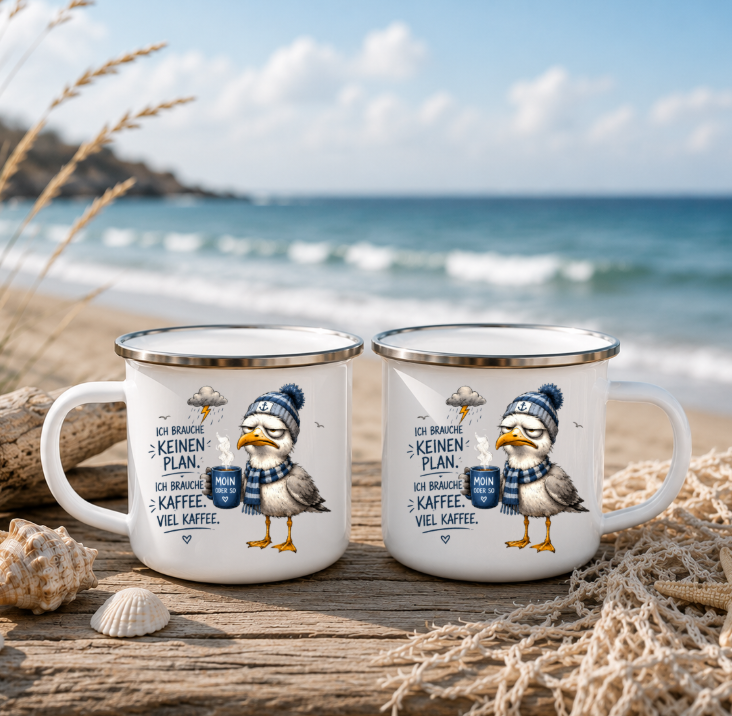 Ich brauche keinen Plan ich brauche Kaffee |Emaille Tasse Lustige Möwe | Maritime Tasse Nordsee Ostsee | Camping Emaille Becher 350 ml Emaille Tasse