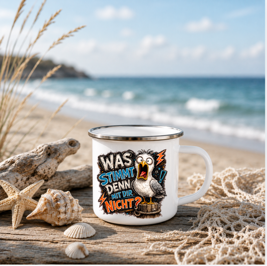 Was stimmt denn mit dir nicht? |Emaille Tasse Lustige Möwe | Maritime Tasse Nordsee Ostsee | Camping Emaille Becher 350 ml Emaille Tasse