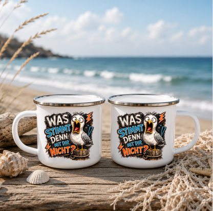 Was stimmt denn mit dir nicht? |Emaille Tasse Lustige Möwe | Maritime Tasse Nordsee Ostsee | Camping Emaille Becher 350 ml Emaille Tasse
