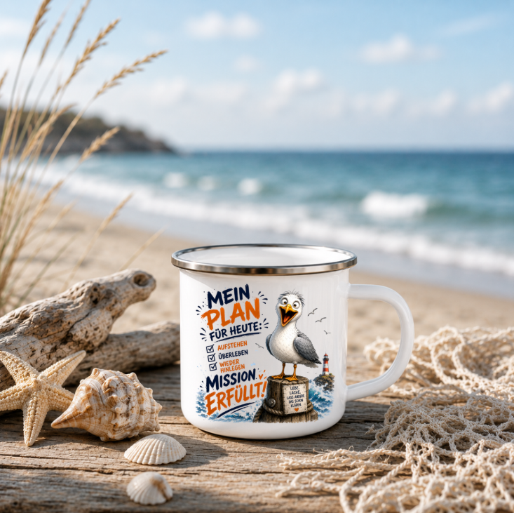 Mein Plan für heute Mission erfüllt |Emaille Tasse Lustige Möwe | Maritime Tasse Nordsee Ostsee | Camping Emaille Becher 350 ml Emaille Tasse