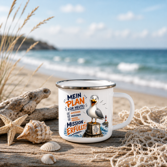 Mein Plan für heute Mission erfüllt |Emaille Tasse Lustige Möwe | Maritime Tasse Nordsee Ostsee | Camping Emaille Becher 350 ml Emaille Tasse